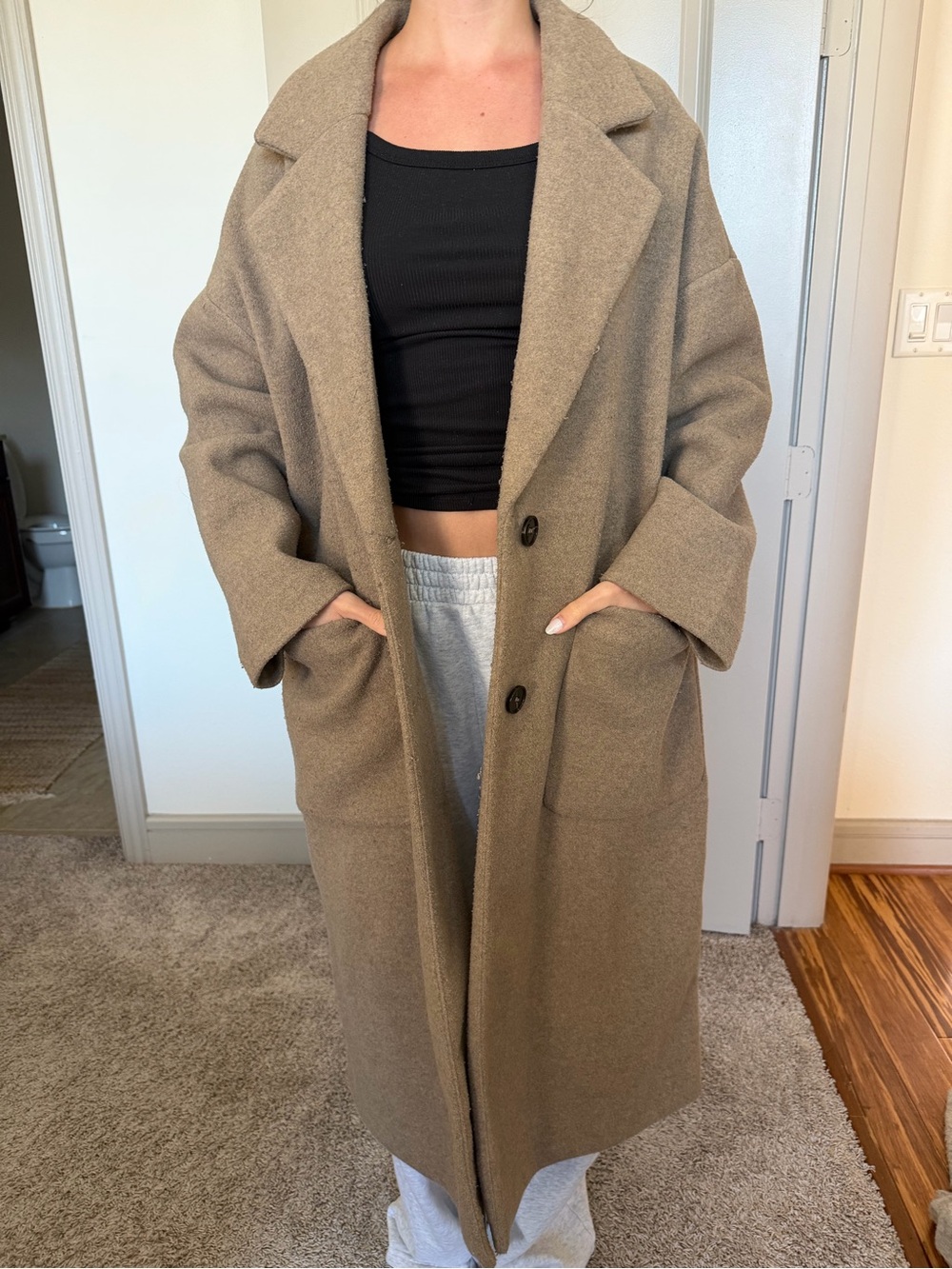 Zara Long Wool-Blend Trench Coat in Taupe